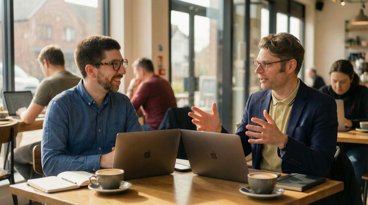 Andrew Taylor and Ricky Beaty, the founders of Signal Homecare, talking and laughing together in a coffee shop