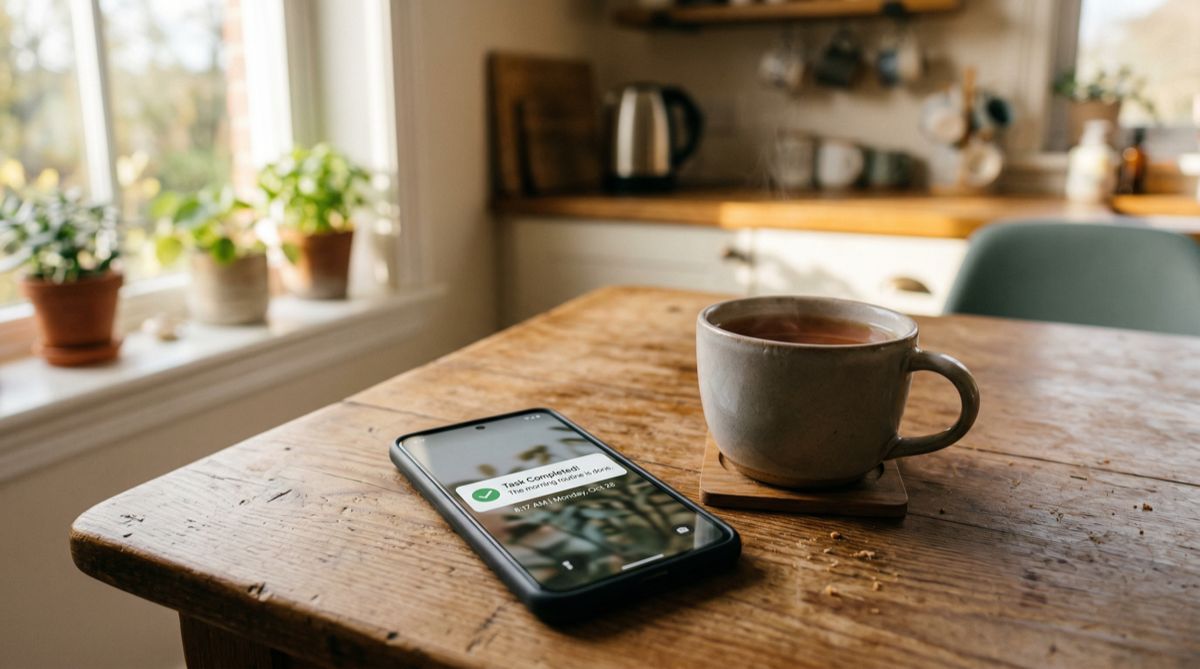 A smartphone on a wooden kitchen table next to a cup of tea, showing a calm notification with a green checkmark