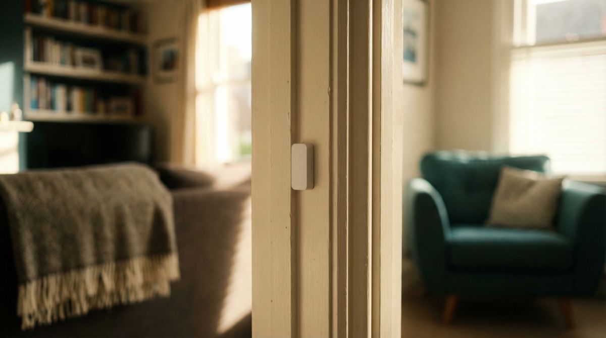 A discreet door contact sensor on a wooden door frame, blending naturally into a cosy home